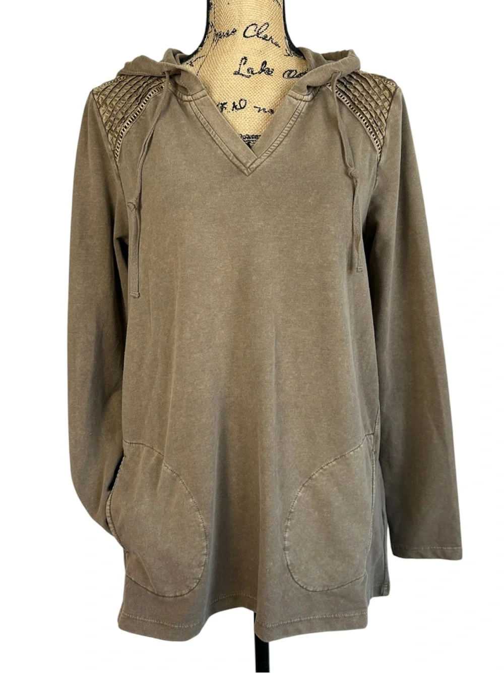 Logo Life Lori Goldstein Olive/Brown Hooded V-Neck Long Sleeve Top